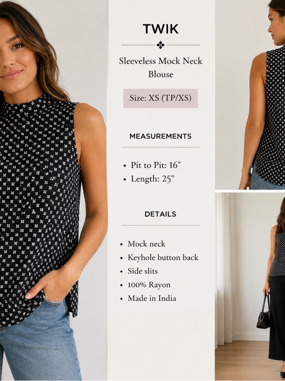 TWIK by Simons Fleur-de-Lis Mock Neck Sleeveless Blouse XS Black White Rayon